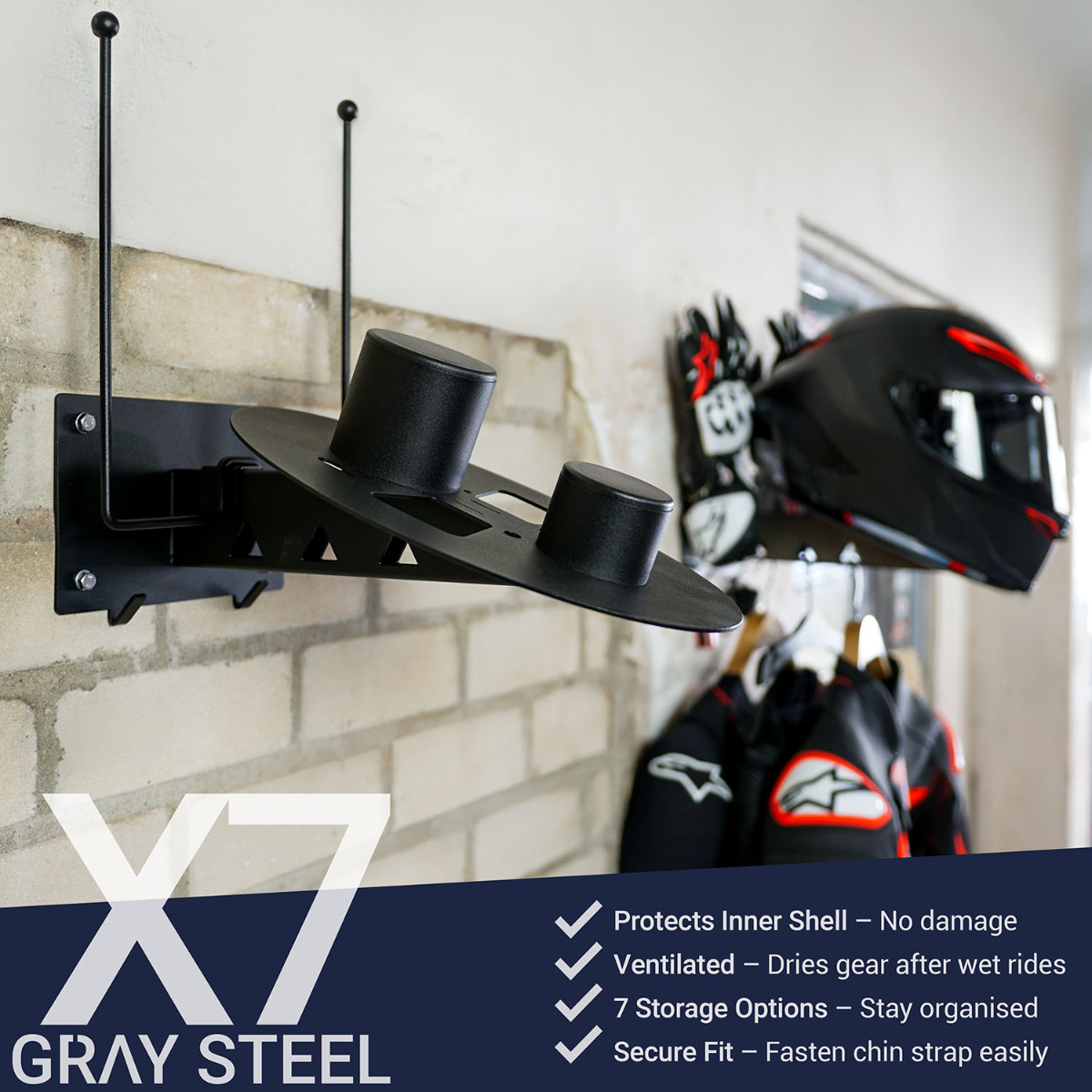 Gray Steel X7 Helmet & Gear wall mount Matt Black