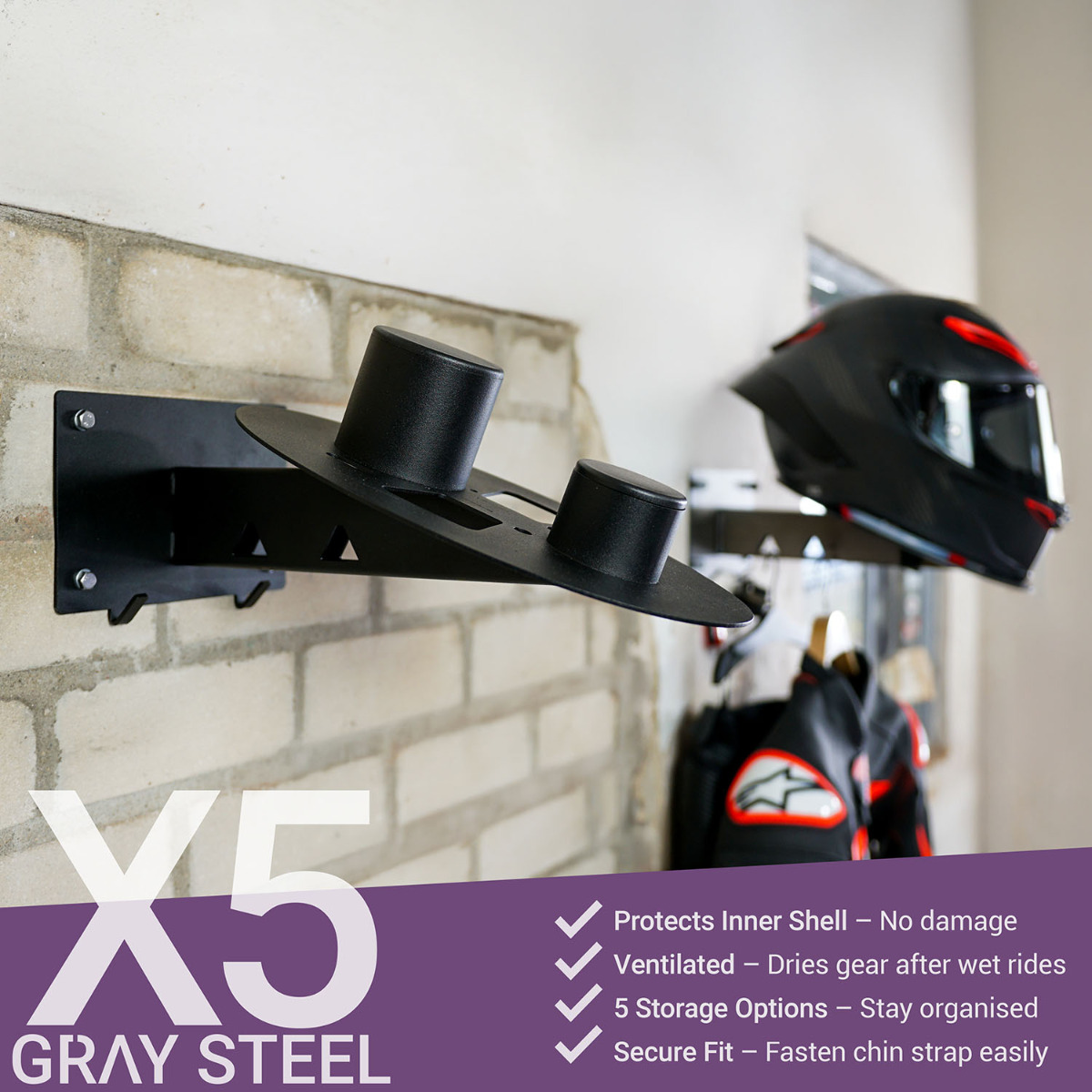 Gray Steel X5 Helmet & Gear wall mount Matt Black
